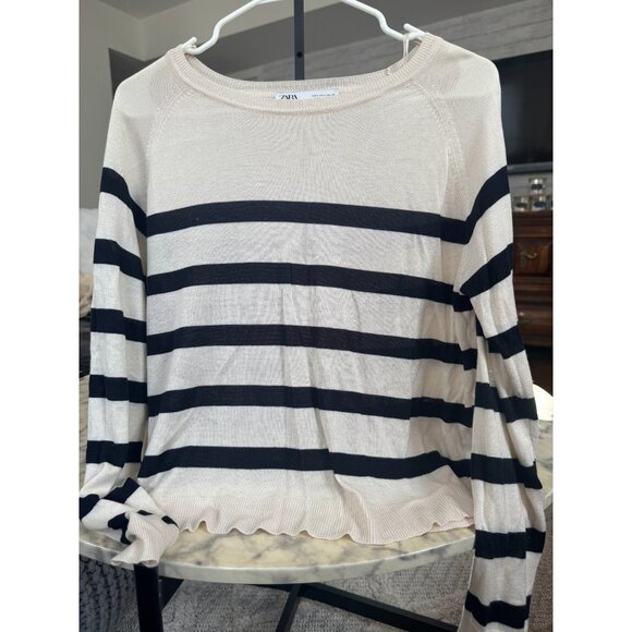 Zara Ivory Black Striped Basic Knit Pullover Sweater Crewneck Womens Size S - Picture 2 of 8